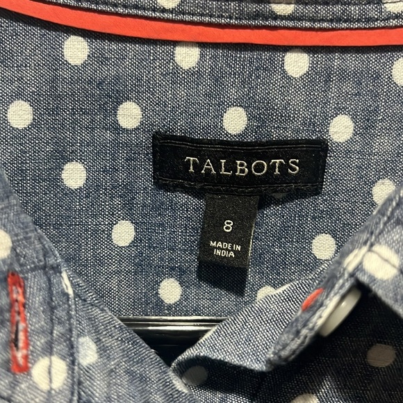 Talbots Chambray Polka Dot Size 8 Button Front Shirt Blue White Roll Tab Sleeve - Picture 3 of 9